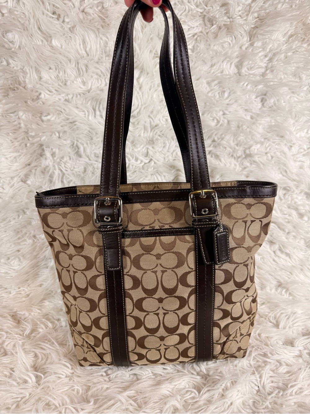 Coach Brown Signature Canvas Tote with Dark Brown Leather Trim